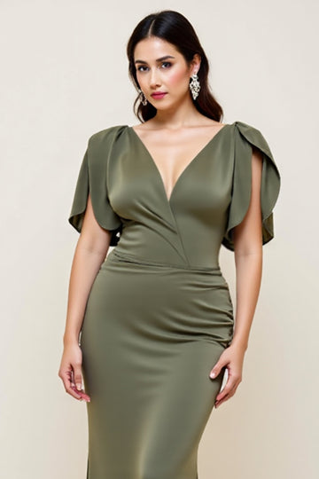 Olive Mermaid V-Neck Mother of the Bride Dress with Short Sleeves